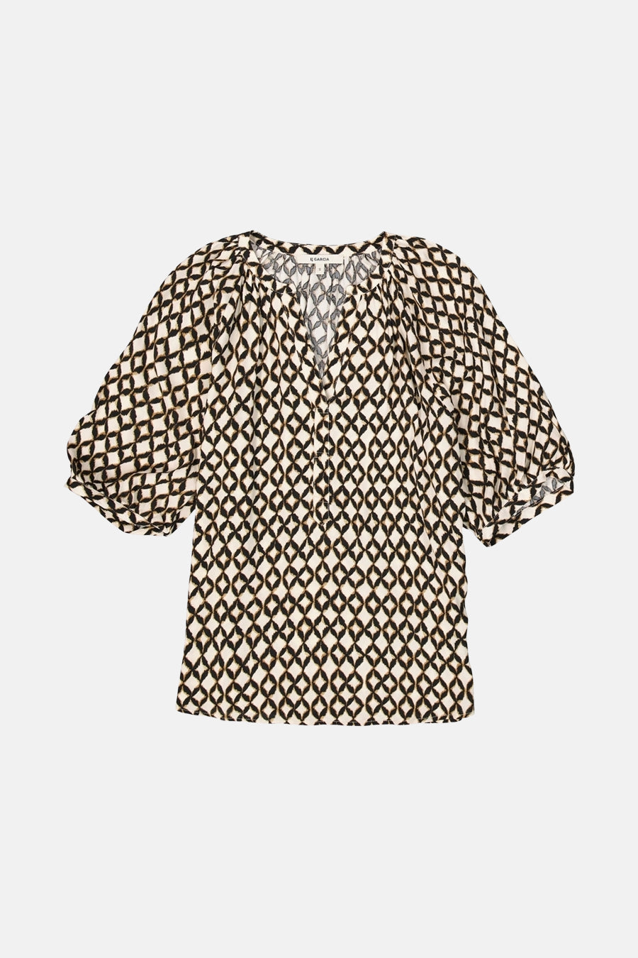 GARCIA meerkleurige 3/4-mouwen blouse, zwart en beige geometrisch patroon.