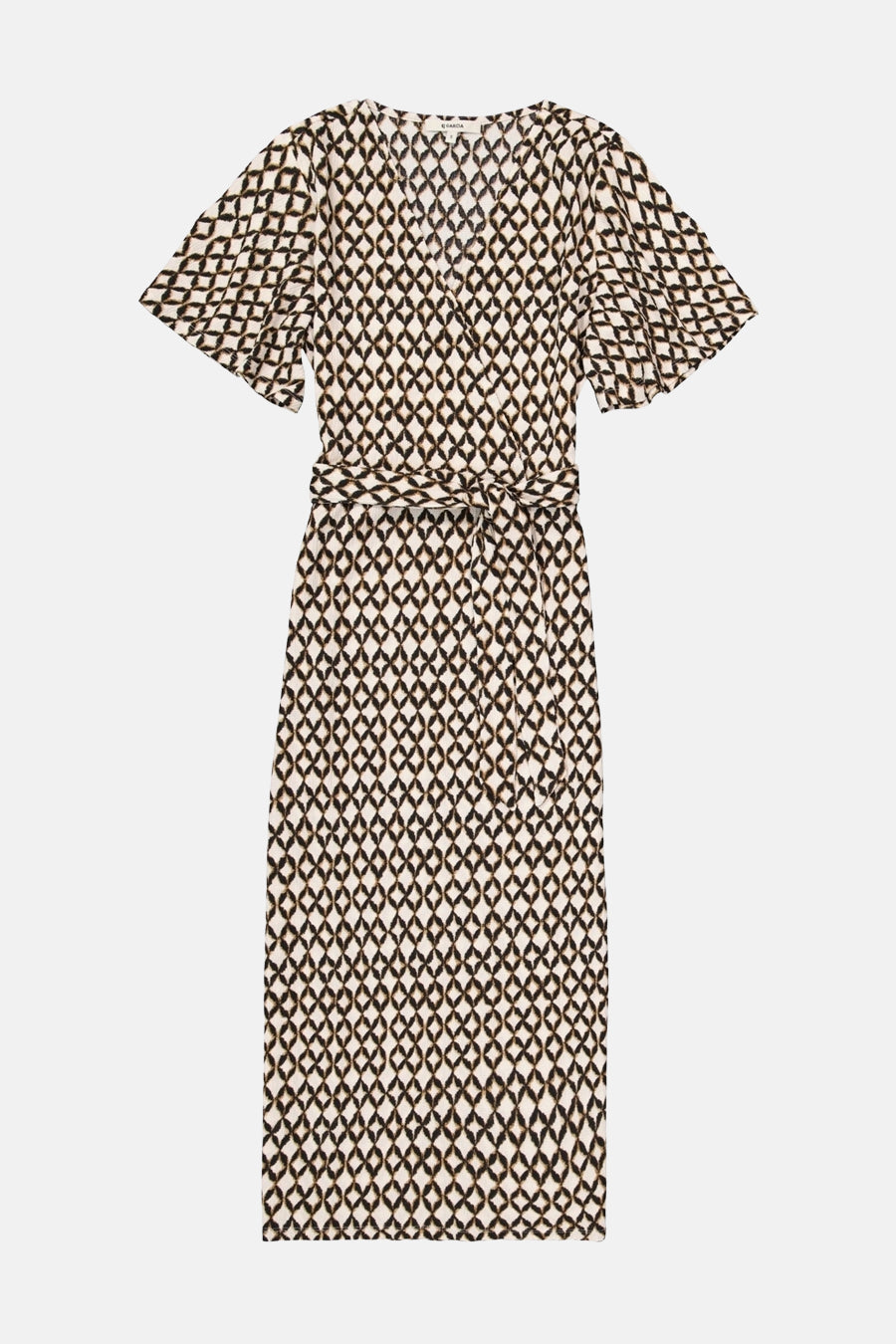 Multikleur zomerjurk met geometrisch patroon, van GARCIA, met korte mouwen en strikceintuur.