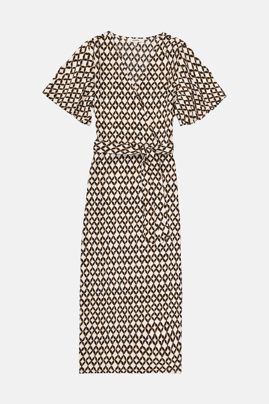 Multikleuren jurk met korte mouwen van GARCIA, zwarte ruitprint op een witte achtergrond, met bijpassende riem.