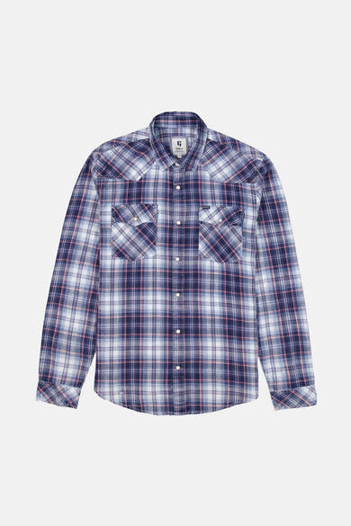 Blauw overhemd met lange mouwen van GARCIA, met rode en witte ruiten, met knoopbare borstzakken.