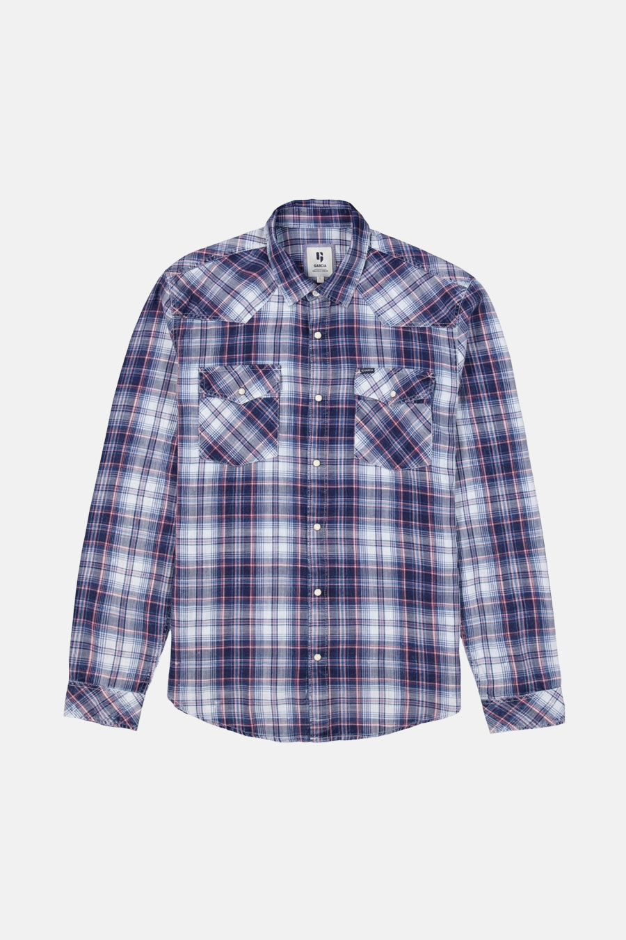 Blauw overhemd met lange mouwen van GARCIA, met rode en witte ruiten, met knoopbare borstzakken.