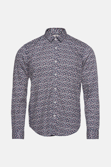 Chemise à manches longues bleue de GARCIA, avec un motif à feuilles blanches et rouges, boutonnée.