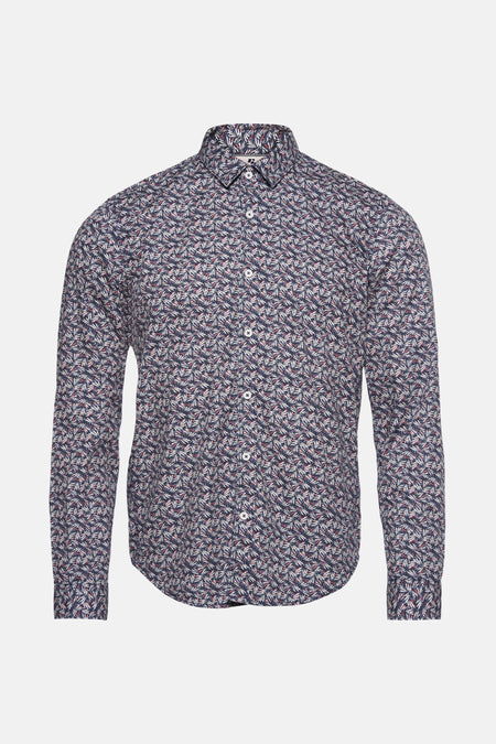 Chemise à manches longues bleue de GARCIA, avec un motif à feuilles blanches et rouges, boutonnée.