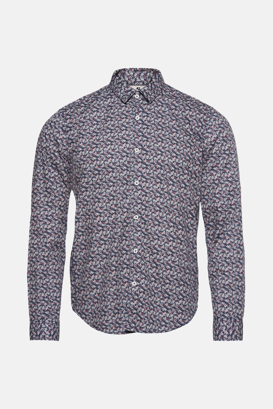 Chemise à manches longues bleue de GARCIA, avec un motif à feuilles blanches et rouges, boutonnée.