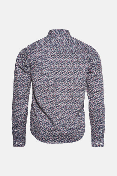 Blauwe GARCIA-overhemd met lange mouwen, all-over geometrisch patroon, achterzijde.