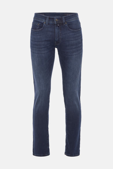 Jean droit bleu de PIERRE CARDIN, en denim avec une subtile texture délavée.
