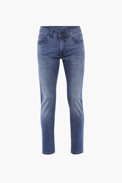 Jean droit bleu de PIERRE CARDIN, coupe classique avec poches et détails de couture apparents.