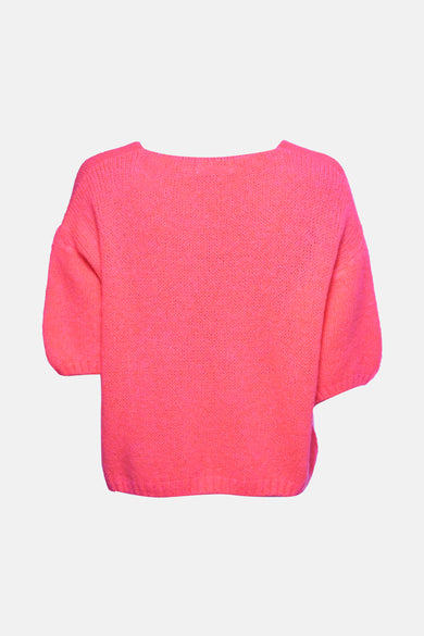 Pull à col rond corail par AMELIE ET AMELIE, en maille texturée, vue de dos.
