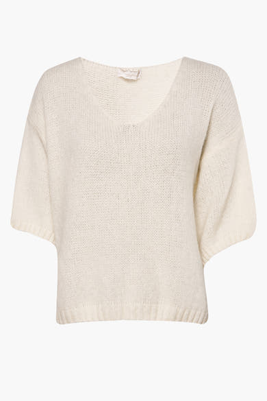 Pull col rond beige d'AMÉLIE ET AMÉLIE en tricot duveteux à manches courtes.