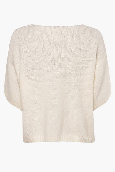 Pull à col rond beige d'AMELIE ET AMELIE, en maille duveteuse, manches courtes amples, vue de dos.