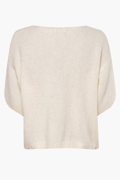 Pull à col rond beige d'AMELIE ET AMELIE, en maille duveteuse, manches courtes amples, vue de dos.
