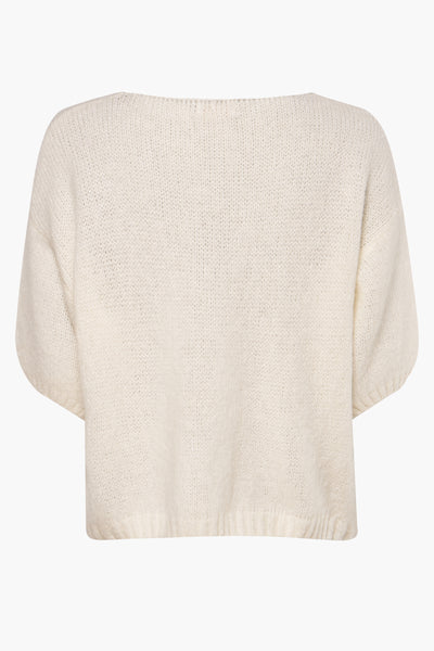 Pull à col rond beige d'AMELIE ET AMELIE, en maille duveteuse, manches courtes amples, vue de dos.