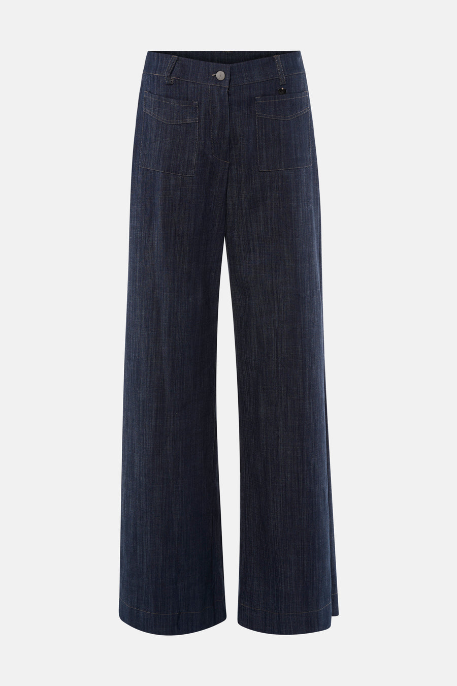 Pantalon de costume en denim bleu foncé par AMELIE ET AMELIE, coupe large, poches avant, vue frontale