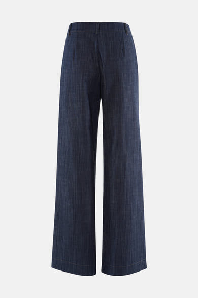Pantalon de costume en denim bleu foncé par AMELIE ET AMELIE, coupe large, vue de face, texture détaillée