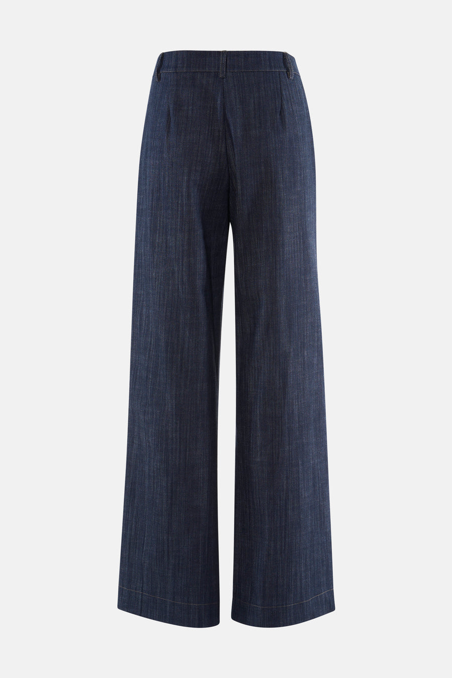 Pantalon de costume en denim bleu foncé par AMELIE ET AMELIE, coupe large, vue de face, texture détaillée