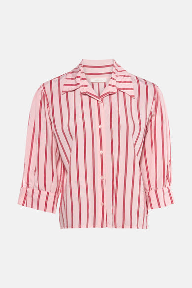 Chemise rose rayée à manches courtes par AMELIE ET AMELIE, avec une coupe droite et boutonnée.