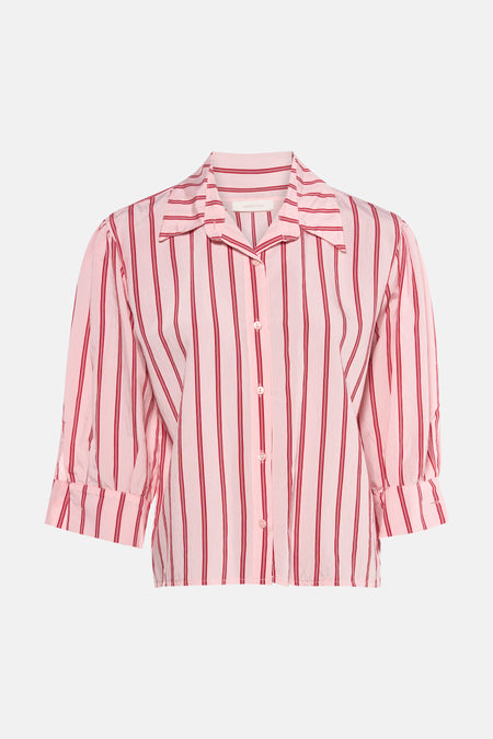 Chemise rose rayée à manches courtes par AMELIE ET AMELIE, avec une coupe droite et boutonnée.