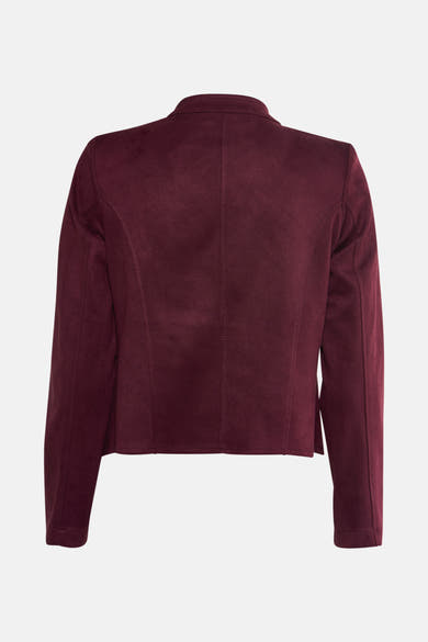 Veste courte bordeaux en suédine par AMELIE ET AMELIE, vue de dos, coupe ajustée avec coutures apparentes.