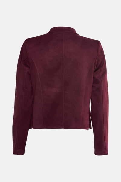 Veste courte bordeaux en suédine par AMELIE ET AMELIE, vue de dos, coupe ajustée avec coutures apparentes.