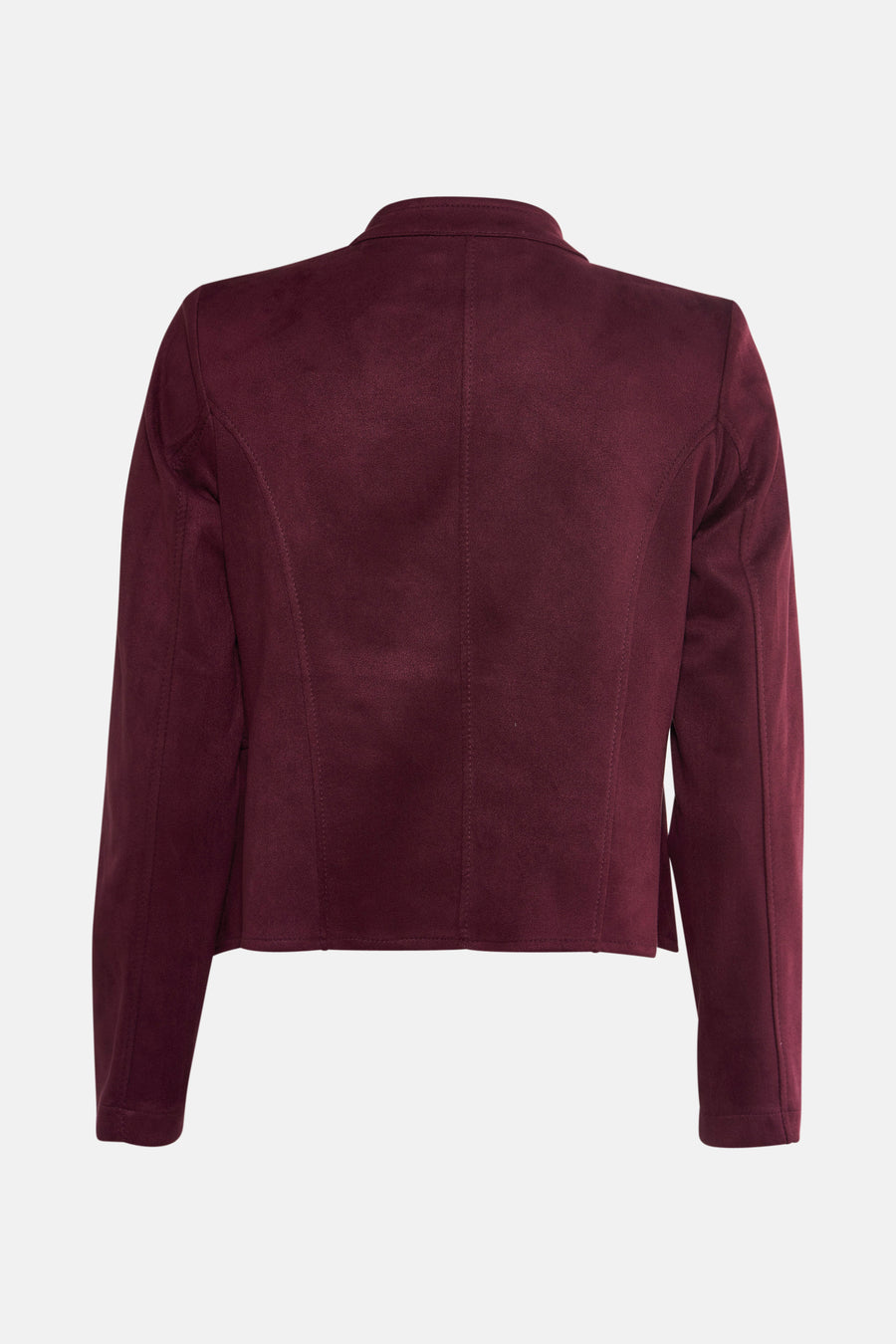 Veste courte bordeaux en suédine par AMELIE ET AMELIE, vue de dos, coupe ajustée avec coutures apparentes.