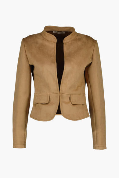 Veste courte marron en suédine par AMELIE ET AMELIE, avec poches plaquées et coupe ajustée.