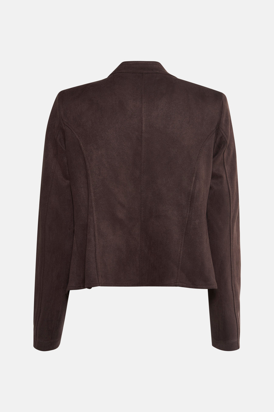 Veste courte marron d'AMELIE ET AMELIE, coupe ajustée, aspect daim, vue de dos.