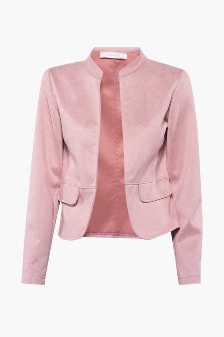 Pink suede blazer by Amélie & Amélie, featuring a stand collar, front pockets, and a cropped fit, shown in front view.