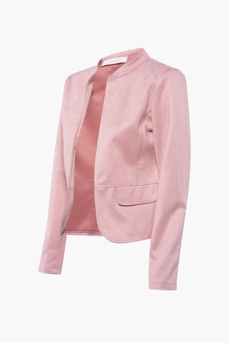 Pink suede blazer by Amelie & Amelie, side view with stand collar and front pocket, soft textured finish