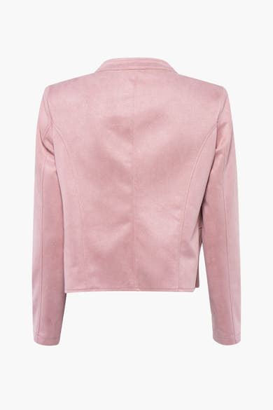 Pink suede blazer back view with structured shoulders and long sleeves, cropped fit