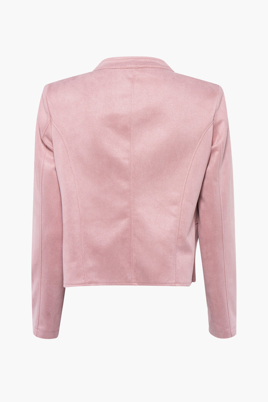 Pink suede blazer back view with structured shoulders and long sleeves, cropped fit