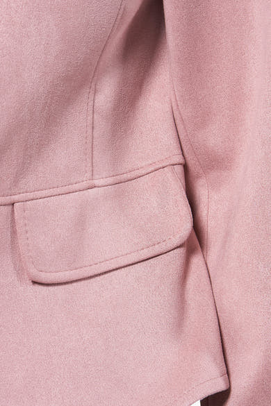 Rose pink blazer with textured fabric and flap pocket, close-up side view