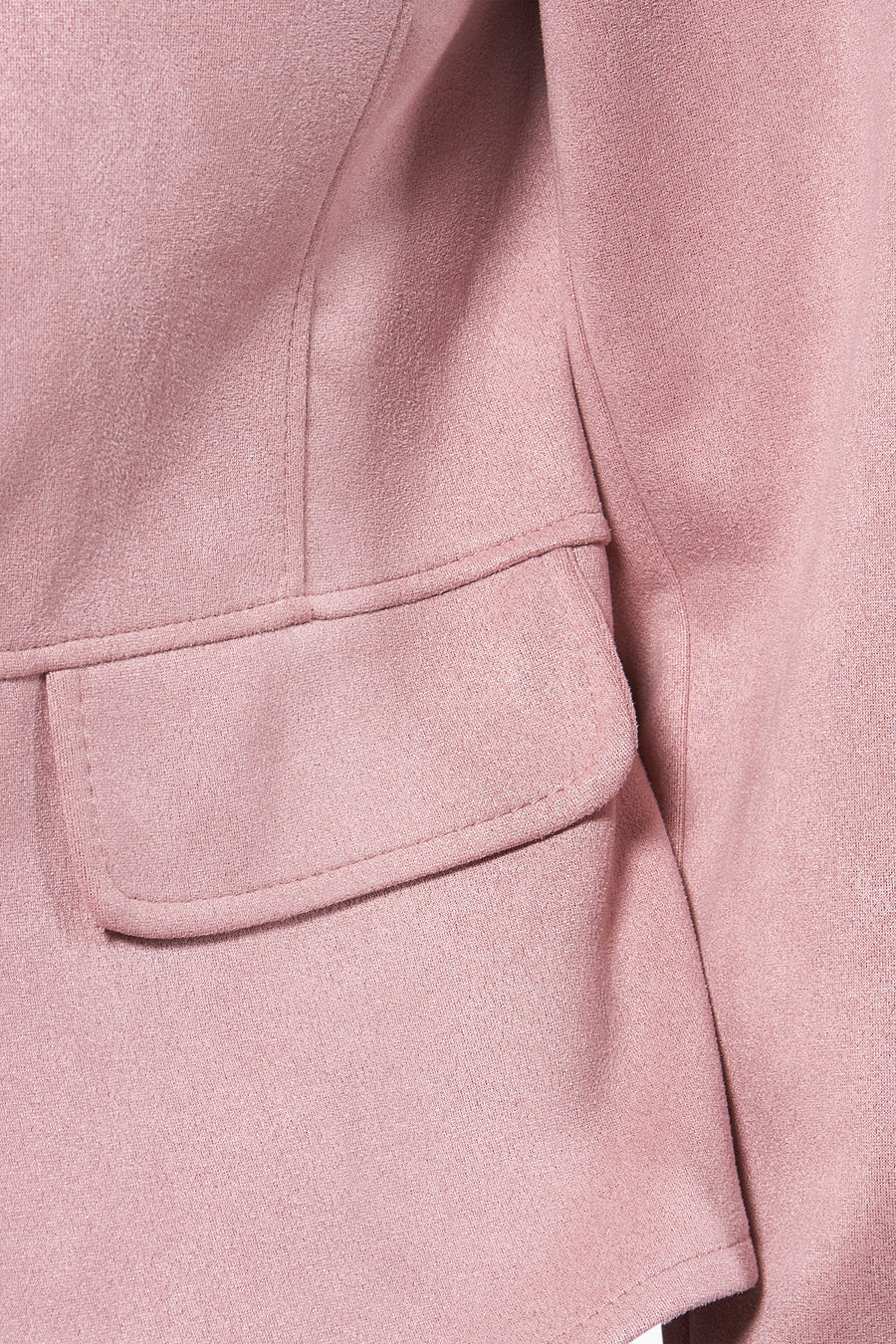 Rose pink blazer with textured fabric and flap pocket, close-up side view