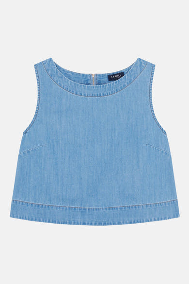 Top sans manches en denim bleu clair de CAROLL, avec fermeture éclair discrète et coupe évasée.