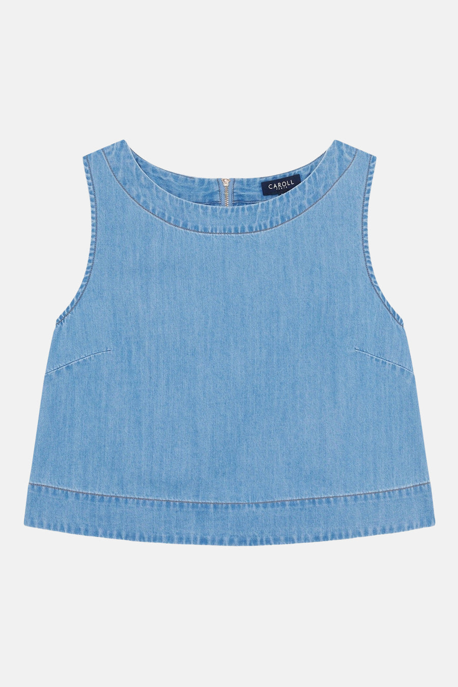 Top sans manches en denim bleu clair de CAROLL, avec fermeture éclair discrète et coupe évasée.