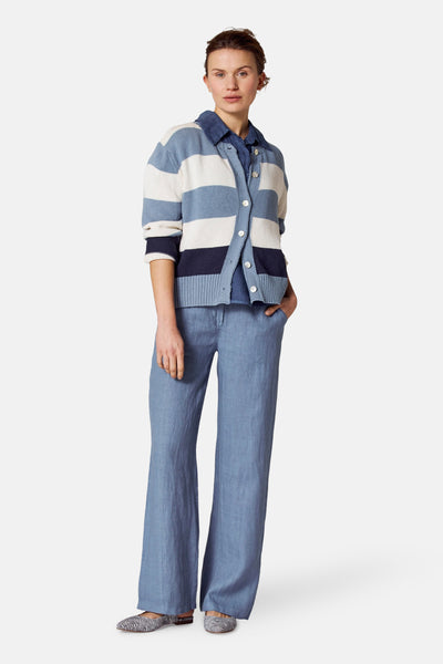 Blauwe jas van COPINES D'ANVERS met witte strepen, gedragen over een shirt en broek in dezelfde stijl.
