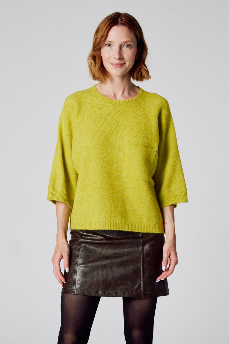 Pull à col rond vert de COPINES D'ANVERS, avec poche poitrine, porté avec une jupe en cuir marron et des collants noirs.