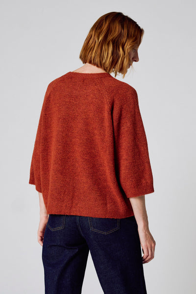 Bruine trui met ronde hals van COPINES D'ANVERS, gedragen met een donkere spijkerbroek, achterzicht.