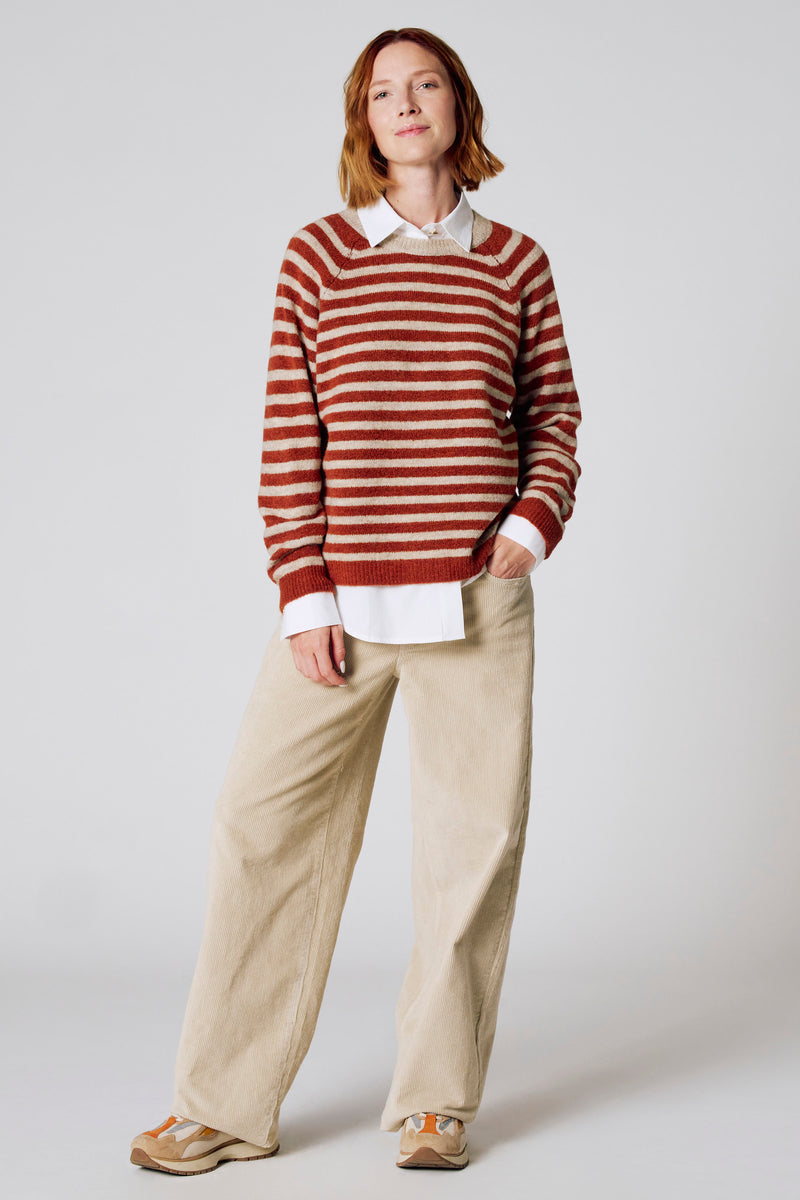 Bruine ronde trui van COPINES D'ANVERS, met horizontale strepen, gedragen met een wit overhemd en een corduroy broek.