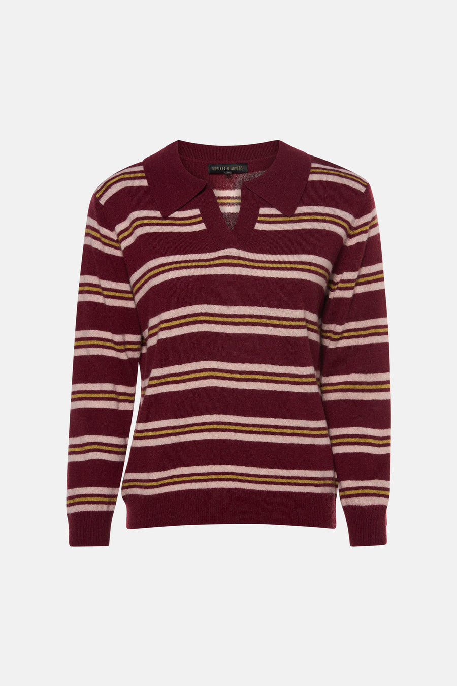 Pull col V multicolore à rayures bordeaux, crème et jaune, par COPINES D'ANVERS, vue de face, tricot fin