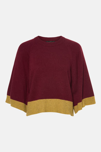 Pull col rond bordeaux à bordures jaunes par COPINES D'ANVERS, tricot ample et doux, vue de face