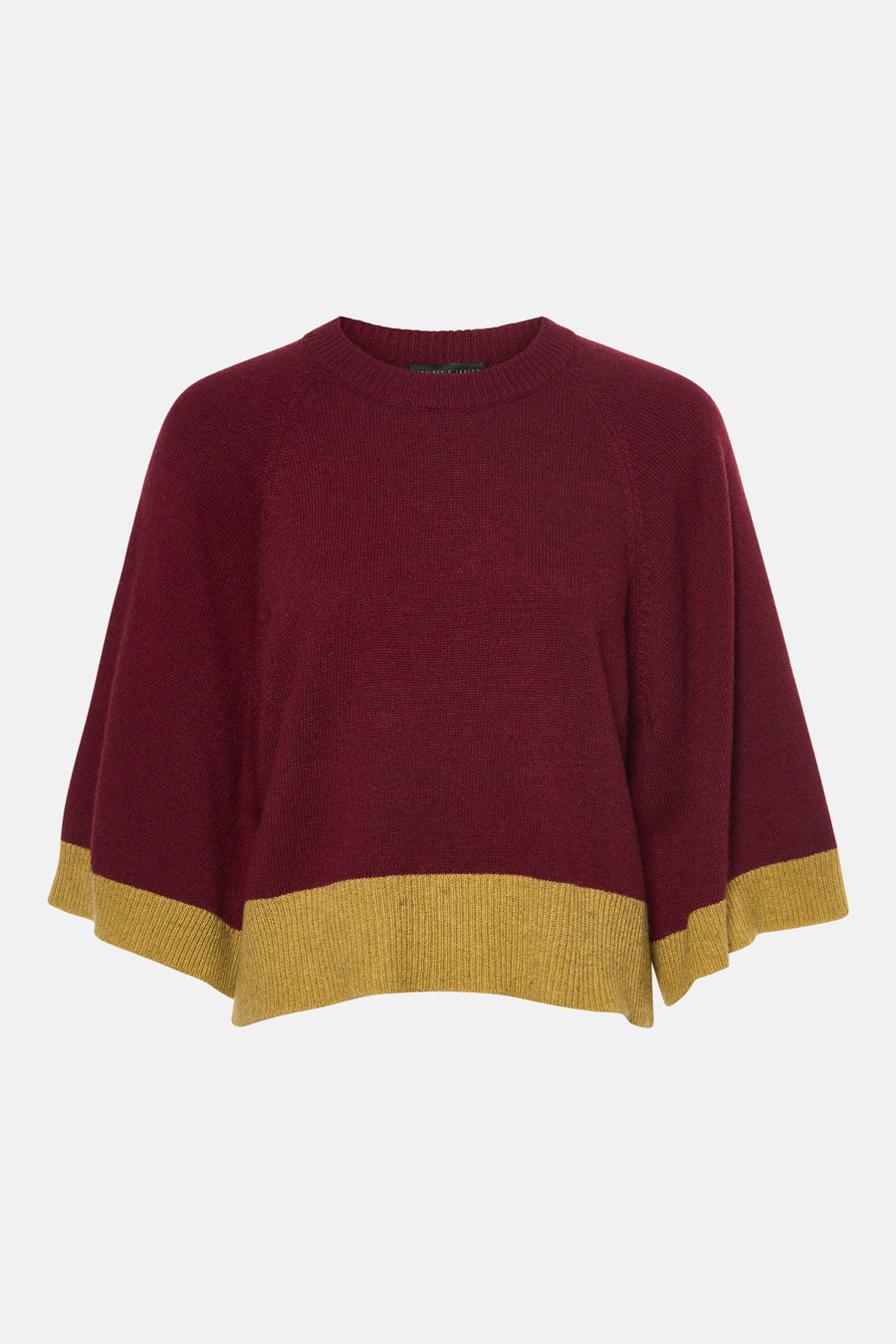 Pull col rond bordeaux à bordures jaunes par COPINES D'ANVERS, tricot ample et doux, vue de face