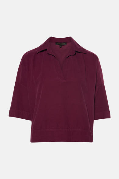 Blouse bordeaux à manches courtes en velours côtelé de COPINES D'ANVERS, col chemise, vue de face