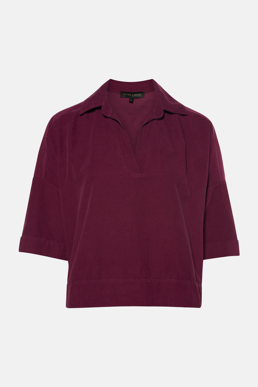 Blouse bordeaux à manches courtes en velours côtelé de COPINES D'ANVERS, col chemise, vue de face