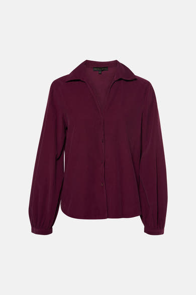 Blouse bordeaux à manches longues en velours côtelé par COPINES D'ANVERS, col chemise et boutonnage central, vue de face