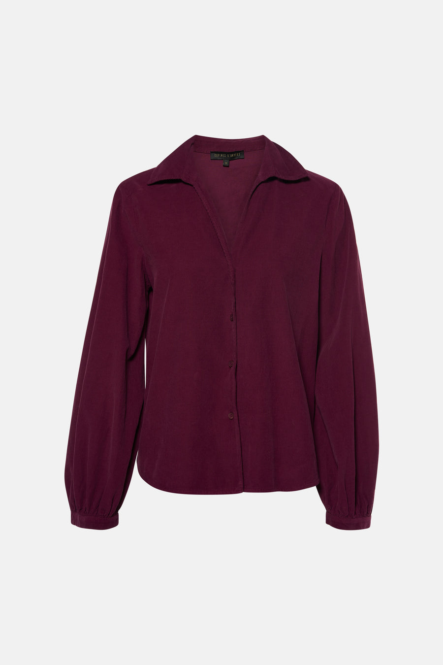 Blouse bordeaux à manches longues en velours côtelé par COPINES D'ANVERS, col chemise et boutonnage central, vue de face