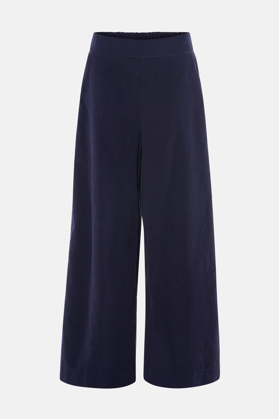 Pantalon bleu ample en coton avec taille élastiquée par COPINES D'ANVERS, vue de face sur fond clair