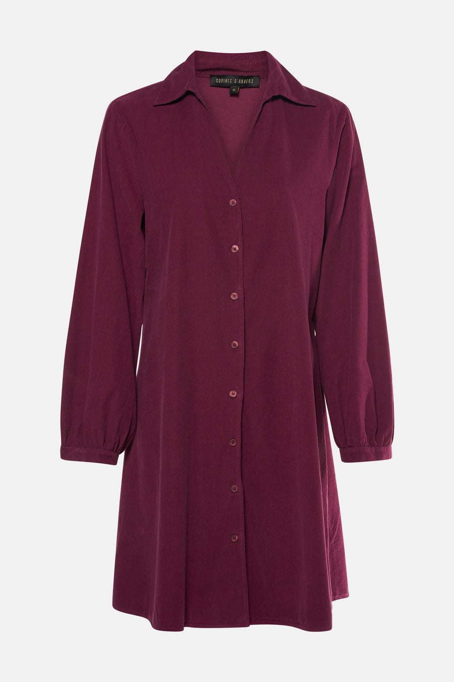 Robe bordeaux à manches longues en velours côtelé, boutonnée, de COPINES D'ANVERS, vue de face