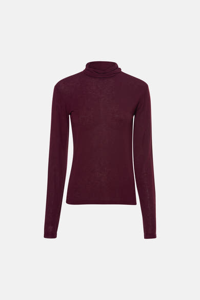 T-shirt à col roulant bordeaux de COPINES D'ANVERS, coupe ajustée, texture légèrement froissée, vue frontale