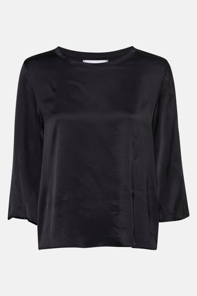 Zwarte blouse met korte mouwen van NAF NAF, satijnen stof en een relaxte pasvorm.