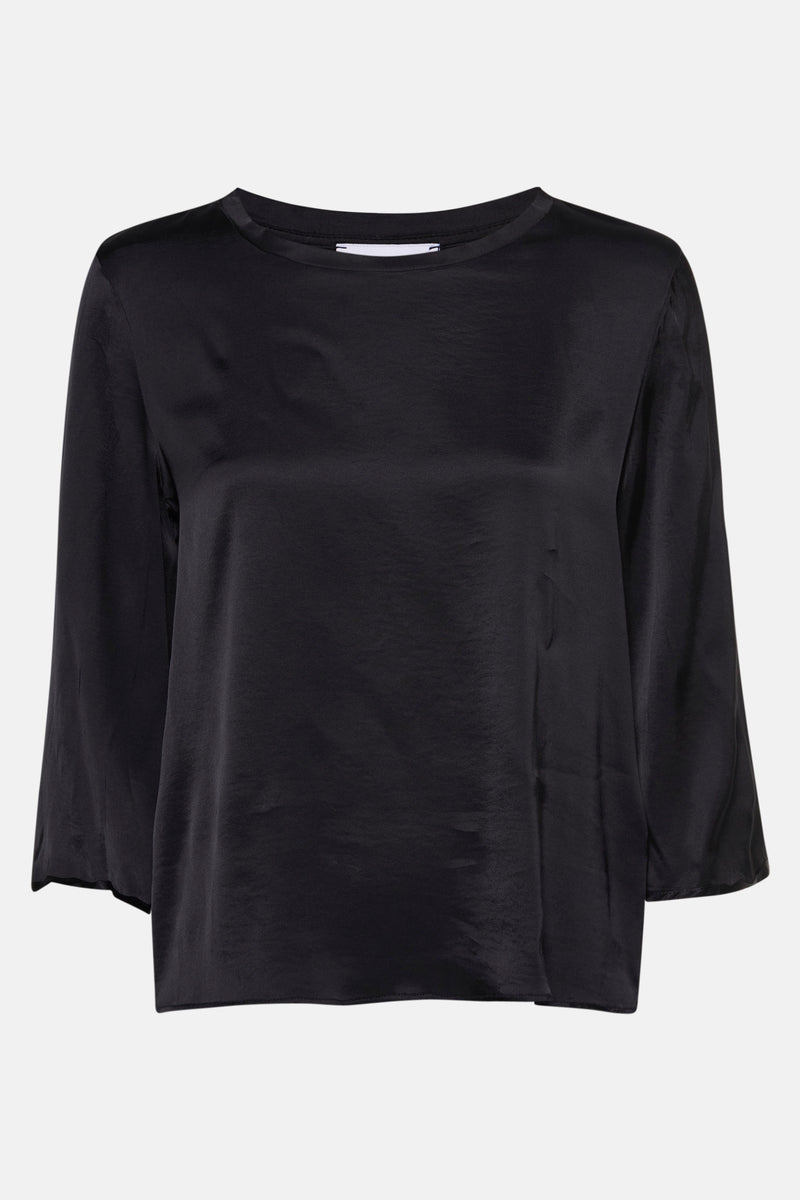 Zwarte blouse met korte mouwen van NAF NAF, satijnen stof en een relaxte pasvorm.